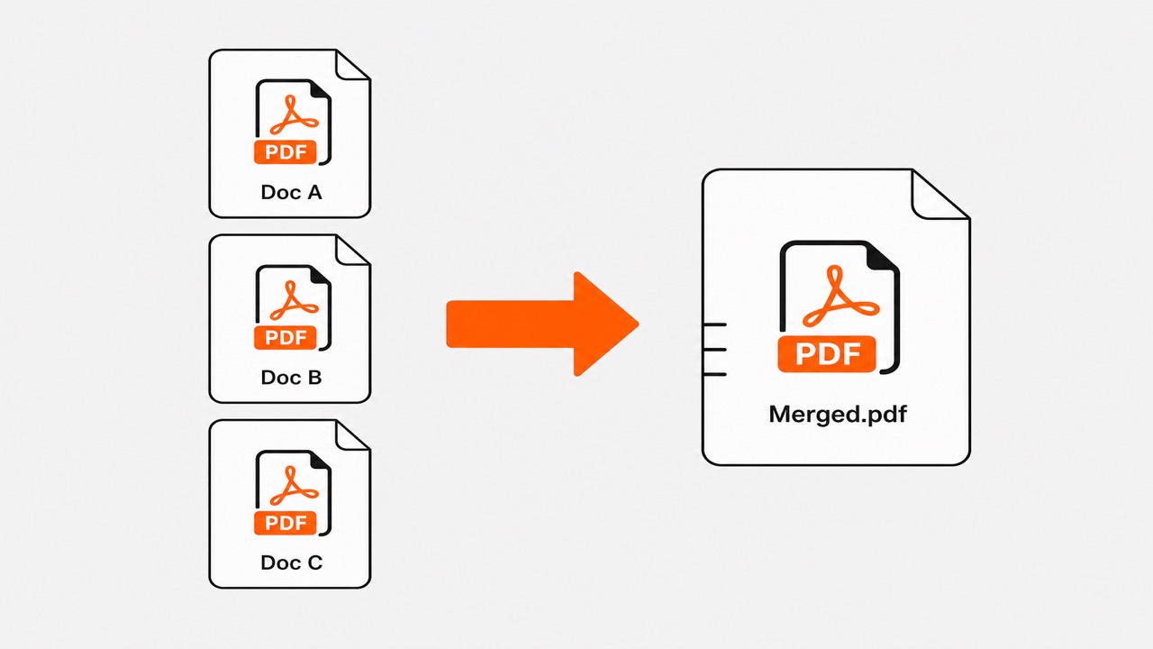 Diagram of three PDF documents combining into one merged PDF file