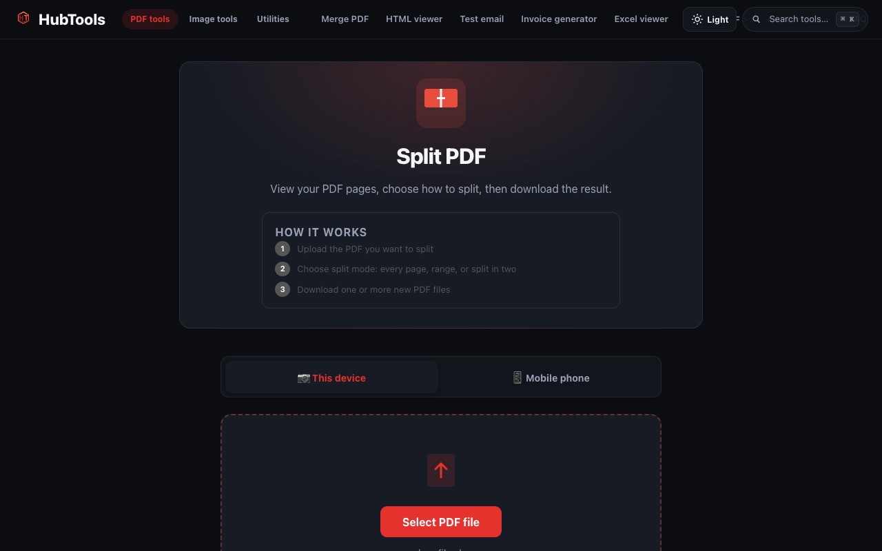 HubTools Split PDF tool page with upload options and split workflow