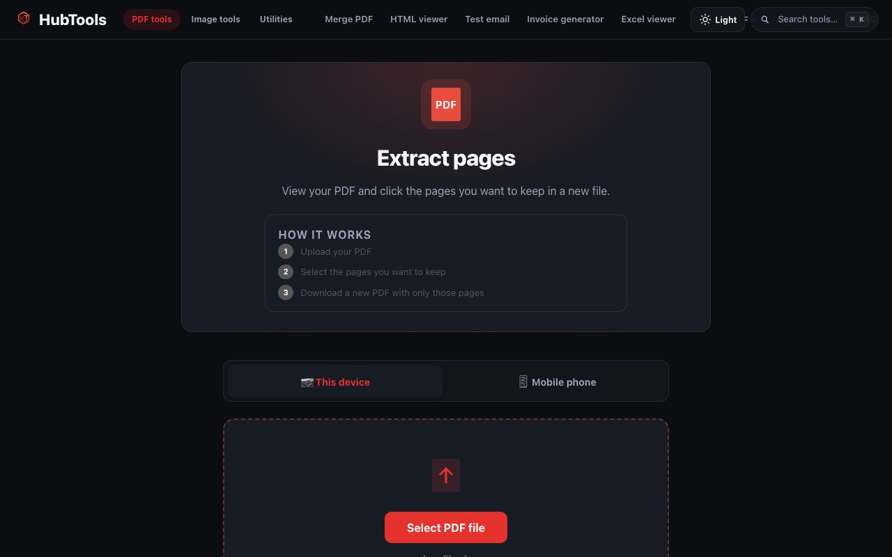 HubTools Extract pages tool page with upload area and page selection workflow