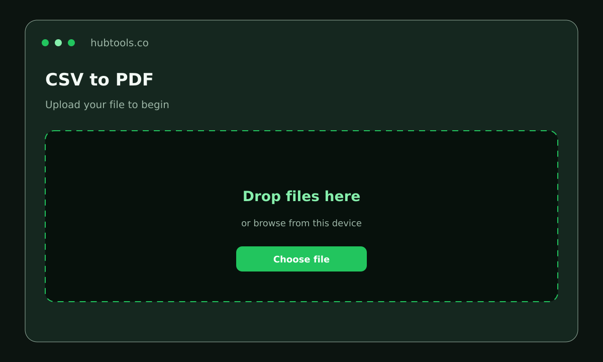 CSV to PDF on HubTools, upload step