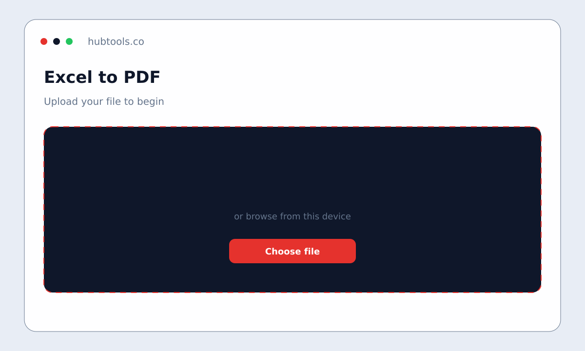 Excel to PDF on HubTools, upload step