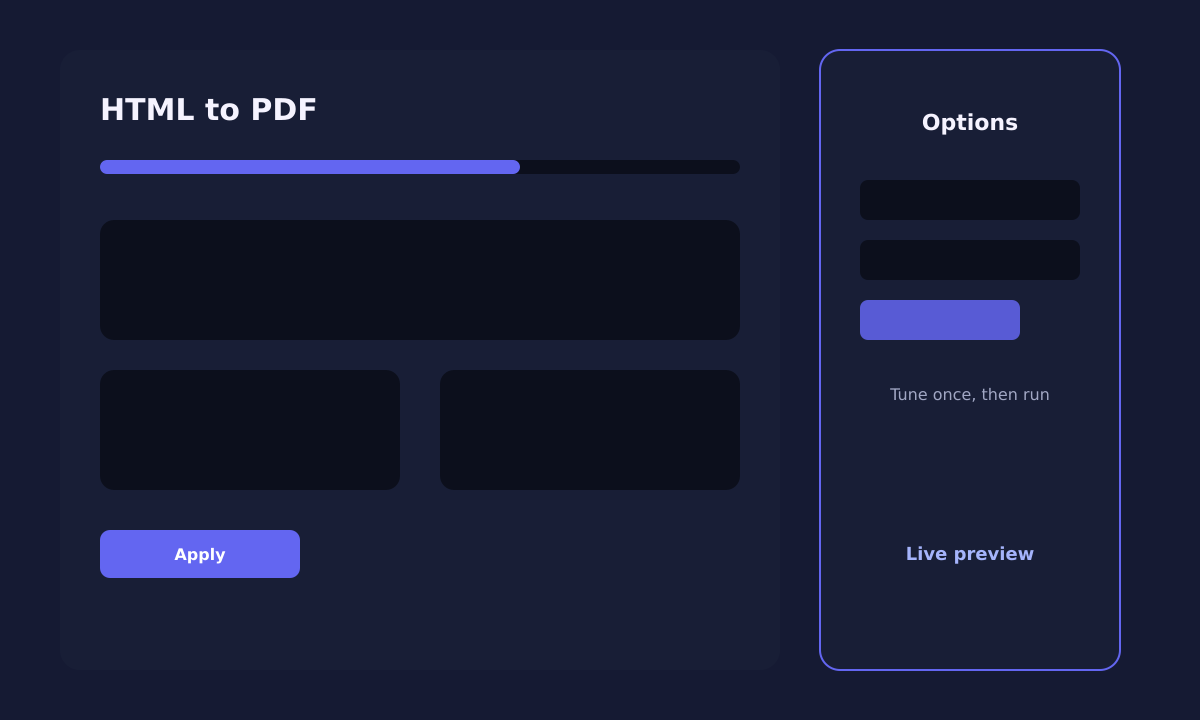 HTML to PDF options panel