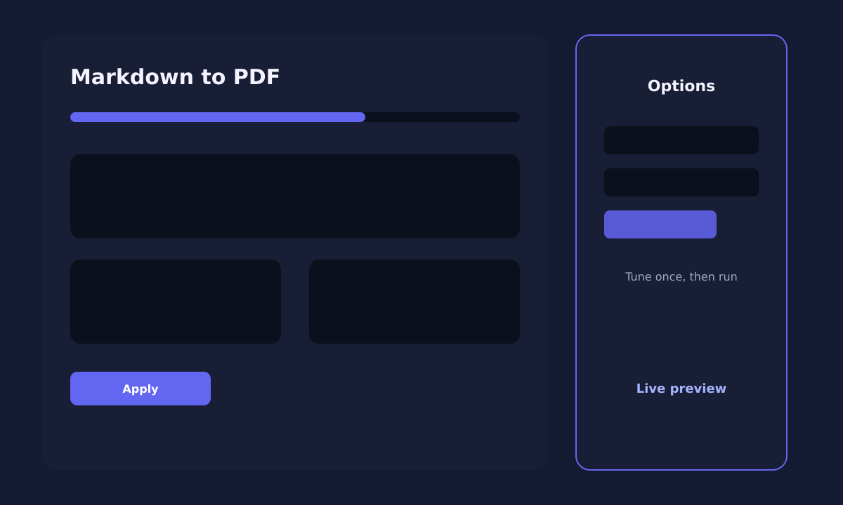 Markdown to PDF options panel