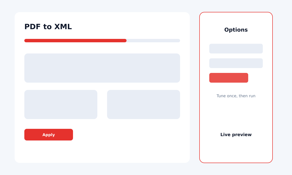 PDF to XML options panel